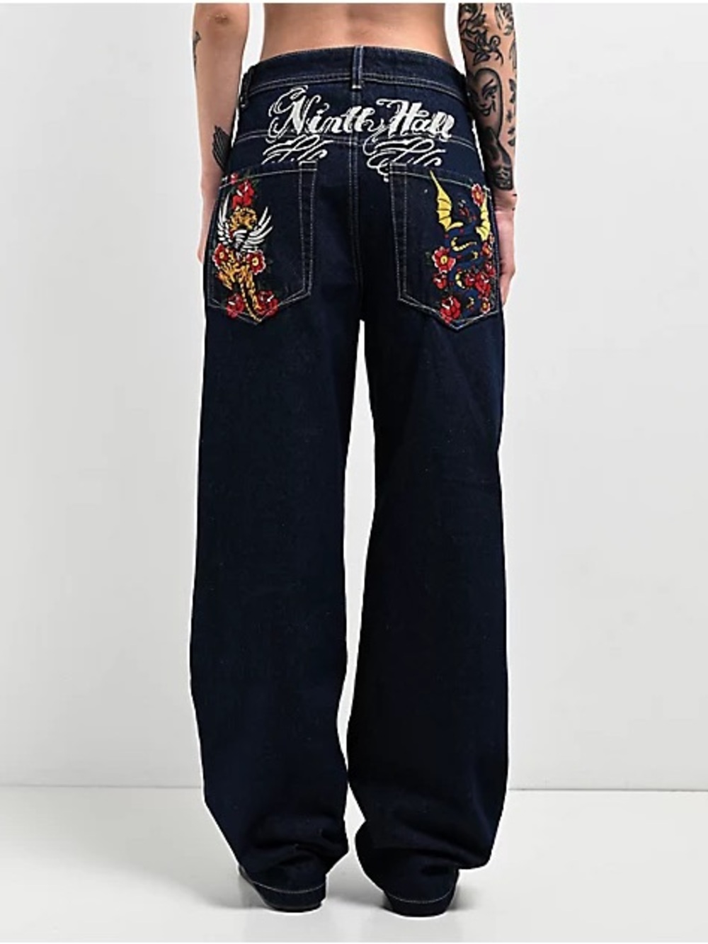 Ninth Idle Hall Y2K Wide Leg Jeans Embroidered Flame Rose Dark Wash Sz 6